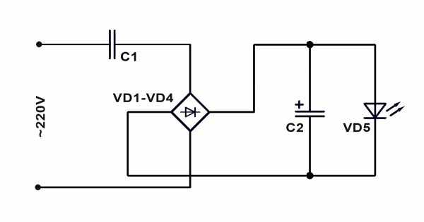 Схема подключения светодиода к 220 В через балластный конденсатор
